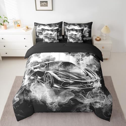 Feelyou Speed Sports Car Comforter Set with Sheets Full Size Kids Smoky Race Car 7 Pieces Bedding Set for Boys Girls Teens Racing Car Bed in a Bag Breathable Extreme Sports Bed Set Black White