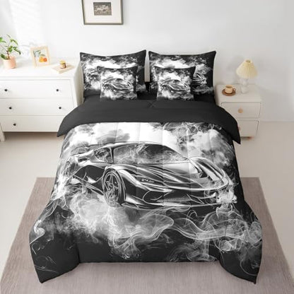 Feelyou Speed Sports Car Comforter Set with Sheets Full Size Kids Smoky Race Car 7 Pieces Bedding Set for Boys Girls Teens Racing Car Bed in a Bag Breathable Extreme Sports Bed Set Black White
