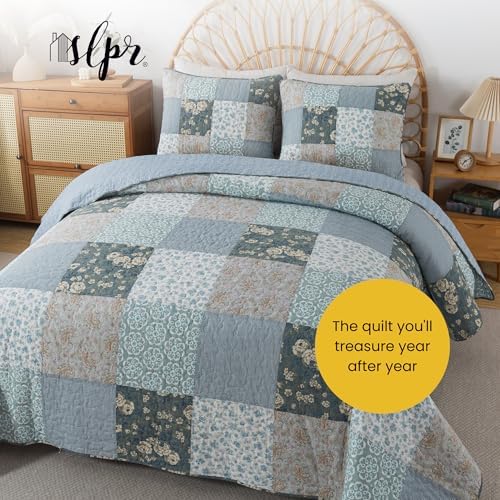 SLPR - Wildflowers Blue Floral Patchwork Cotton Quilt Set, King and 2 Shams