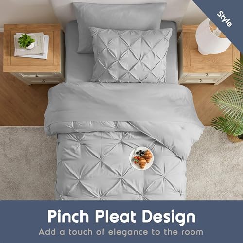 Nestl 7 Piece Twin XL Comforter Set – Light Grey Pinch Pleated Bed in a Bag – Complete Twin XL Size Bedding Set with Sheets, Set of 2 Cooling Pillows, Pillowcase and Sham