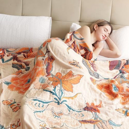 VANJOROY Boho Throw Blanket, 100% Organic Cotton Breathable Soft Lightweight All Season Rustic Bed Throw - Floral Bird Farmhouse Decor Blanket for Sofa Couch Chair Quilt and Gift. 60" x 80"