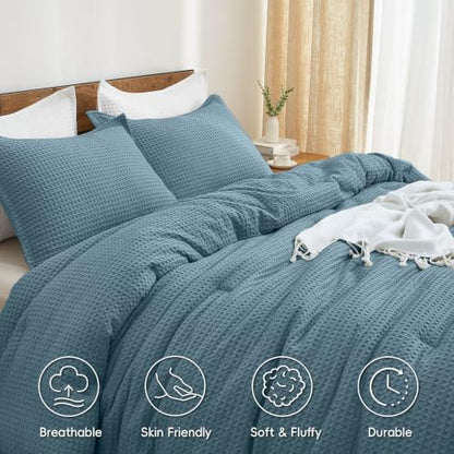 PHF Ultra Soft Waffle Comforter Set 3 Pieces Queen, Stormy Blue