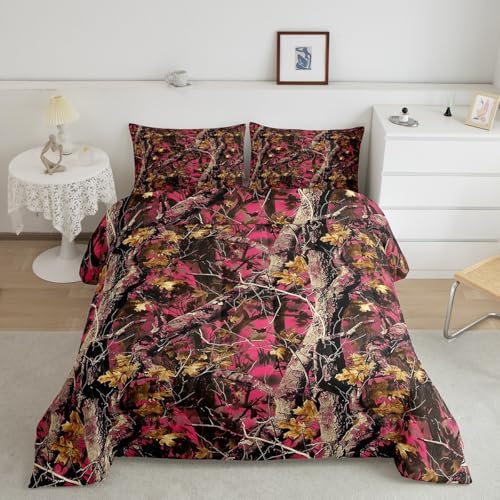 Feelyou Woods Pink Camouflage Comforter Set Camo Print Bedding Set for Kids Boys Girls Cabin Rustic Comforter Farmhouse Quilt Set Room 3Pcs Queen Size