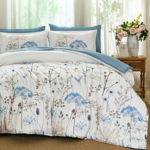 Yiran Queen Comforter Size Set, 7 Piece Blue Dandelion Floral Bed in a Bag