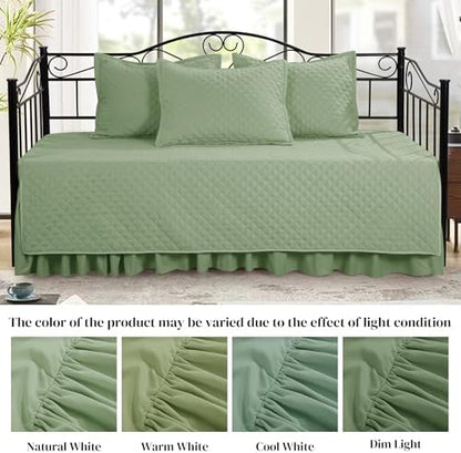 HOMBYS Daybed Cover Sets- Diamond Stitching Daybed Bedding Set, All Season Cozy Bedding with Bedskirt with Shams, Microfiber Filling, 5 Pieces, Sage Green