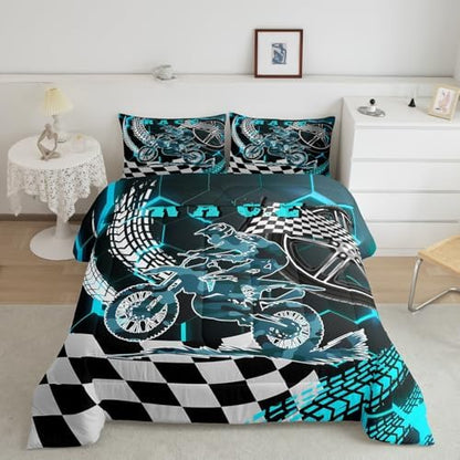 Erosebridal Racing Motorcycle Twin Comforter Set for Boys,Cyan Neon Lights Honeycomb Bedding Set Dirt Bike Motocross Quilt Moto Extreme Sports Duvet Insert,Black White Lattice Buffalo Plaid Decor