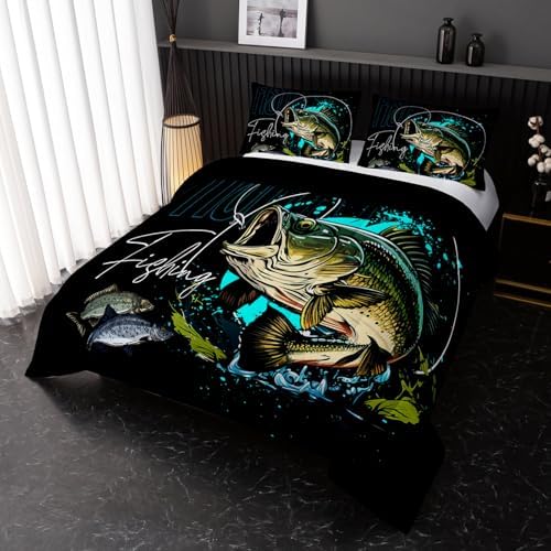 Nttopship Big Pike Fish Bedding ，Hunting and Fishing Brown Green Bedding Set Themed Comforter Set for Kids Boys Room Decor, King Bed in a Bag for Teens with 2 Pillowcases