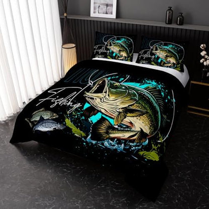 Nttopship Big Pike Fish Bedding ，Hunting and Fishing Brown Green Bedding Set Themed Comforter Set for Kids Boys Room Decor, Full Bed in a Bag for Teens with 2 Pillowcases