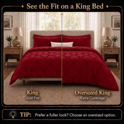 CozyLux King Size Comforter Set Dark Red, 7 Pieces Pintuck Bed in a Bag