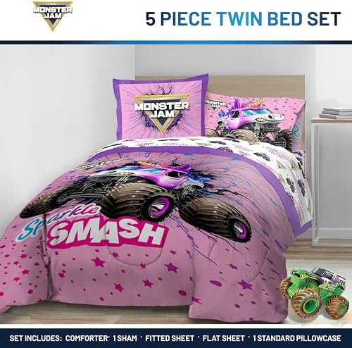 Monster Jam Twin Comforter Set 5 Piece Kids Bedding for Girls, Pink