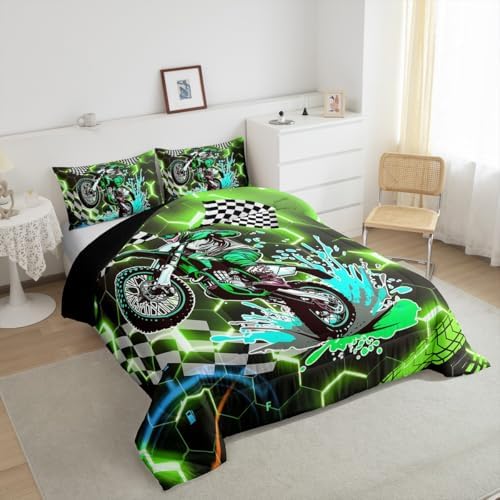 Racing Bedding Set Green Neon Lights Honeycomb Comforter Set Motorbike Dirt Bike Quilt Geometric Hexagon Moto Extreme Sports Full Size Duvet Insert,Black White Grid Lattice Buffalo Plaid Decor