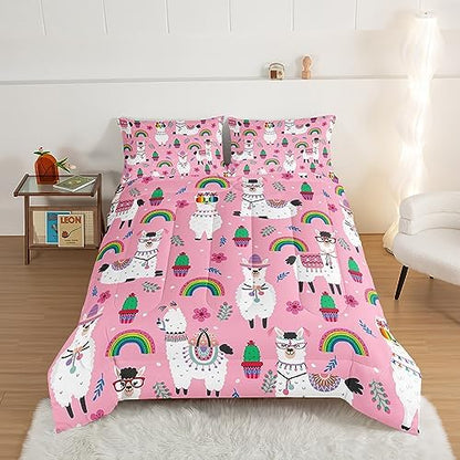 HOSIMA Kids Girls Pink Comforter with 2 Pillowcases,Cute Llama Alpaca Bed in a Bag King Size Comforter Set Animal Bedding Sets for Room Decor,Rainbow Cactus Flower Toddler Comforter.