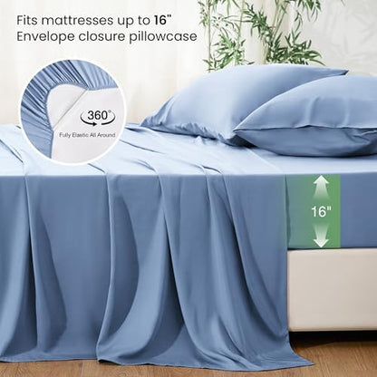 Love's cabin 4 Piece King Size Sheet Set, 100% Rayon Derived from Bamboo, Cooling & Breathable, Soft Silky Deep Pocket up to 16", Hotel Luxury Bedding for Hot Sleepers, Mineral Blue