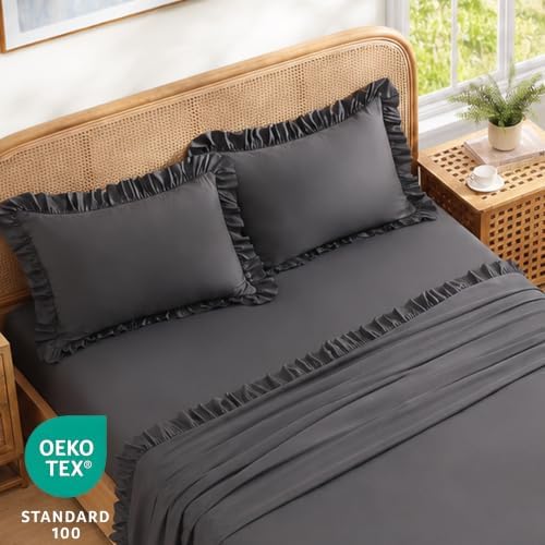 ROSE&RISY Queen Ruffle Sheet Set 4 Piece - Dark Grey Soft Lightweight Microfiber Bedding with Deep Pocket, Breathable Ruffled Flat Sheet & Pillowcases (Dark Grey, King Size)