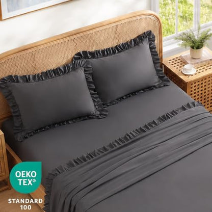 ROSE&RISY Queen Ruffle Sheet Set 4 Piece - Dark Grey Soft Lightweight Microfiber Bedding with Deep Pocket, Breathable Ruffled Flat Sheet & Pillowcases (Dark Grey, King Size)