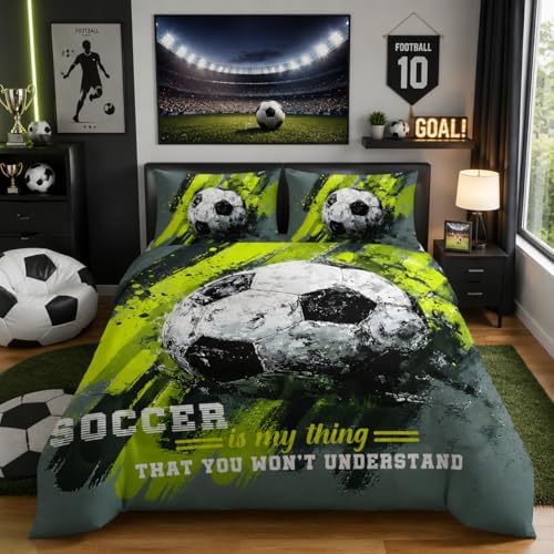 Nttopship Sports Soccer Comforter Set King Size,Green Soccer Ball Bedding Sets 3PCS for Kids Teen Adult Sports Room Decor Ultra-Soft Lightweight Microfiber 1 Comforter with 2 Pillowcases