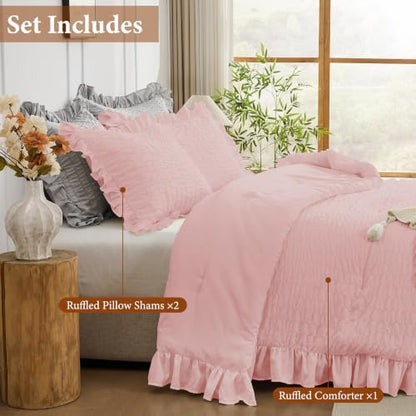 JOLLYVOGUE Pink Seersucker Queen Comforter Set, 3 Pieces Bed in a Bag Comforter Set, Lightweight & Fluffy Bedding Sets Queen for All Season with 1 Ruffle Comforter and 2 Ruffle Pillowshams