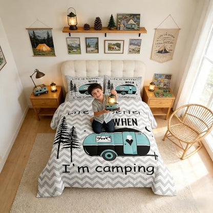 Manfei Kids Adults Camper Comforter Set Queen,Rustic Natural Farmhouse Grey Bedding Set 3pcs for Trailer RV Decor,Moonlight Wild Adventure Quilt Set,Sports Duvet Insert with 2 Pillowcases