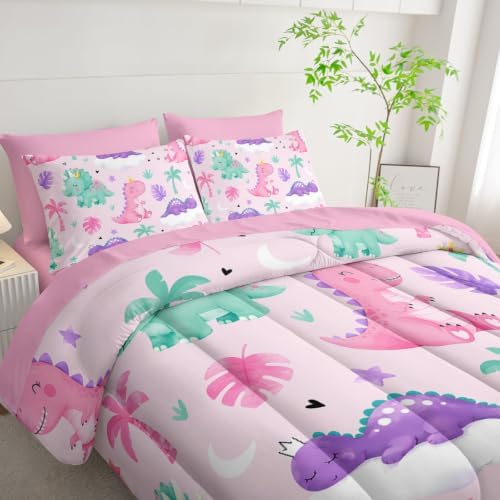 HOSIMA 7Pcs Cute Crown Dinosaur Bedding Set Queen for Girls Bedroom Decor.
