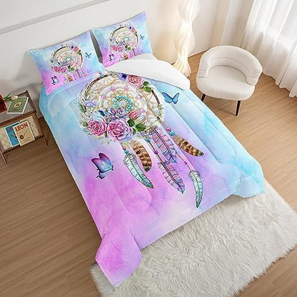 HOSIMA Boho Bedding Dream Catcher Comforter Bed in A Bag King Size with 2 Pillowcases,Butterfly Bed Set Room Decor for Teen Girls,Feather Floral King Bedding Set for Adults Kids.