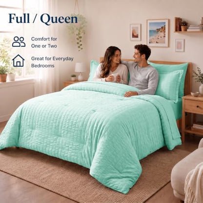 CozyLux Queen Comforter Set, 7 Pieces Mint Green Seersucker Bed in a Bag