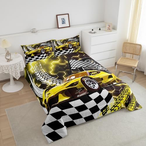 Race Cars Toddler Bedding Sets for Boys,Yellow Neon Lights Honeycomb Bedding Set Cool Sports Car Beehive Geometric Hexagon Comforter Set for Boys,Black White Lattice Quilt Buffalo Plaid Decor