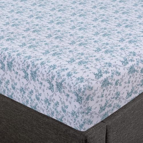 Feather & Stitch Fitted Sheet Only, 100% Cotton 300TC Lightweight Cooling & Breathable Percale Weave Fitted Sheet 16" Regular Elastic Deep Pocket Soft Bedding Mattress (Twin, Blue Floral)