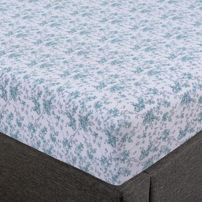 Feather & Stitch Fitted Sheet Only, 100% Cotton 300TC Lightweight Cooling & Breathable Percale Weave Fitted Sheet 16" Regular Elastic Deep Pocket Soft Bedding Mattress (Twin, Blue Floral)