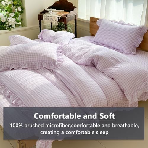 NSNLGSGC Purple Gingham Ruffle King Duvet Cover