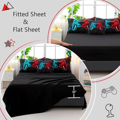 6 Pieces Gamer Bed in A Bag Full Size 3D Game Console Kids Bedding Set for Boys Teal and Blue Gaming Comforter Set with Sheets Gamepad Printed Teen Boy Bed Sets (Teal Red, Full)