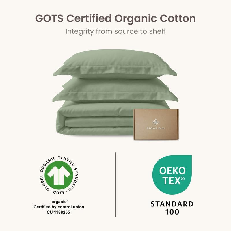 BIOWEAVES 100% Organic Cotton Full/Queen Duvet Cover Set, 3-Piece, 300 Thread Count Sateen Weave GOTS Certified Comforter Cover with Buttoned Closure and 2 Pillow Shams –Basil, 90x90 inches