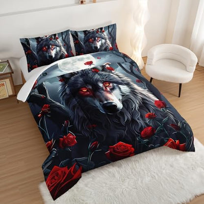 Wolf Bedding Comforter Sets Twin Size,Moon Night Forest Floral Printed Bedding Set for Kids Girls Boys Room Decor,Western Animal Themed Bedding Comforter Sets with 2 Pillowcases.