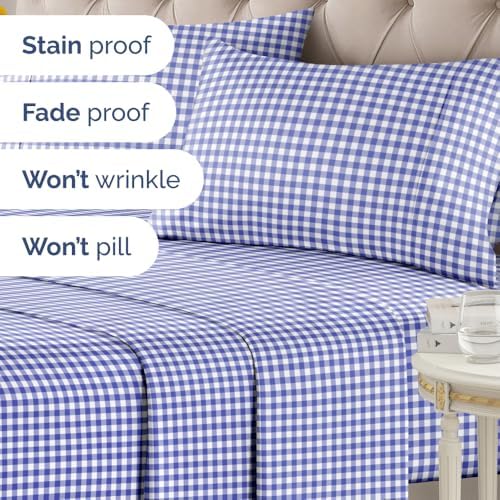 Queen 4 Piece Striped Sheet Set - Soft, Breathable & Cooling - Blue Gingham