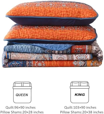 WONGS BEDDING Boho Twin Quilt Set, 2 Pieces Bedspread Bedding, Blue Orange