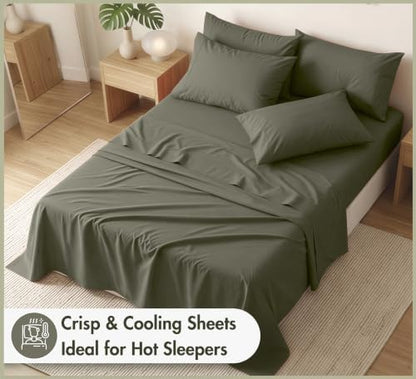 RUVANTI 100% Cotton Twin XL Sheets, Percale Weave Twin XL Set, Deep Olive