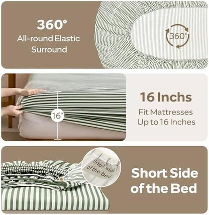 JELLYMONI 100% Cotton Full Sheet Set, Green Striped