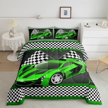 Feelyou Race Car Comforter Set for Kids Boys Black White Checkered Flag Print Comforter Extreme Sports Bedding Set Full Size Bedroom Decor Honeycomb Speed Sports Car Green Duvet Set 3pcs