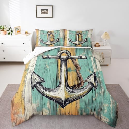 Erosebridal Anchor Comforter Set Twin Size for Boys, Ocean Navigation Theme Duvet Insert for Kids Teens Bedroom Gift, Vintage Brown Wooden Board Decor Bedding Set Marine Life Decorative Soft Quilt