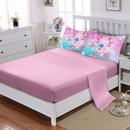 HOSIMA 7Pcs Axolotl Comforter Set Animal Bedding Room Decor for Teens,Dessert Milk Tea Donut with Cute Sheets Queen and Fitted Sheet Fantasy Blue Purple Queen Size Bed in a Bag with 4 Pillowcases.