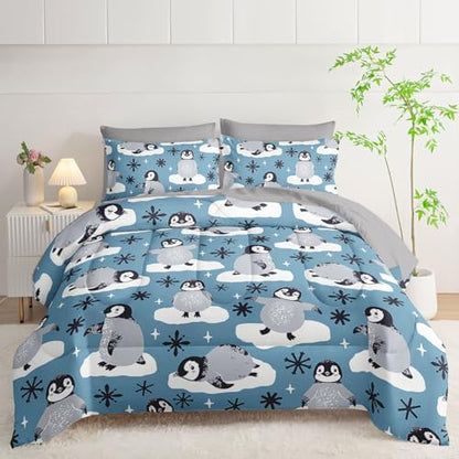 7Pcs Comforter Set Cartoon Penguin Black Snowflakes Printed Bedding Set with 1 Comforter,1 Flat Sheet,1 Fitted Sheet and 4 Pillowcases for Boys and Girls Bedroom All Season(Twin)