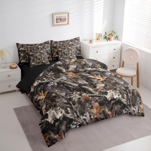 Erosebridal Camo Woodland King Comforter Set with Sheets 7 Piece Grey Camouflage Bed in A Bag Rustic Nature Plants Bedding Sets Country Style Bed Set