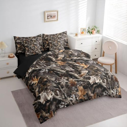 Erosebridal Camo Woodland King Comforter Set with Sheets 7 Piece Grey Camouflage Bed in A Bag Rustic Nature Plants Bedding Sets Country Style Bed Set