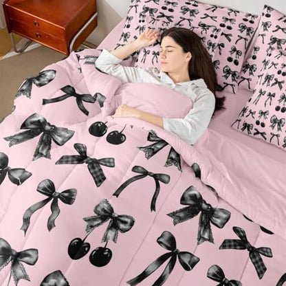 Black Cherry Bow 7-Piece Comforter Set Full Bed in a Bag, Cute Silk Ribbon Bowknot Bedding Sets Princess Bow Tie Comforter and Sheet Set, Dreamy Kawaii Room Decor,Girly Light Pink Room Decor Aesthetic