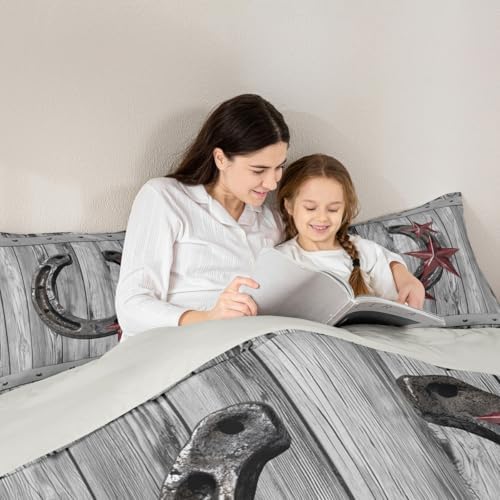 Castle Fairy Grey Rustic Barn Comforter Set Western Cowboy Horseshoe Bedding Set Queen Size for Kids Boys Adults Teens Room Decor Vintage Farmhouse Wooden Quilt Set Star Horseshoe Duvet Insert 3pcs