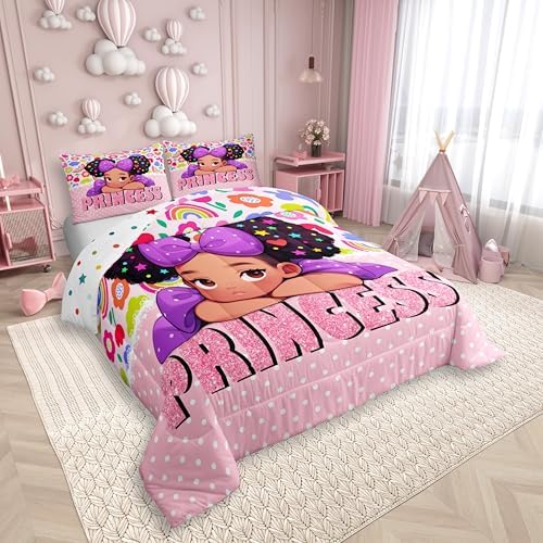 Castle Fairy African American Black Girl Comforter Set Twin Size,Pink Black Princess Girls Bedding Set,Cute Glitter Kids Quilt Set Teens Flower Star Colorful Dots Reversible Print Duvet Insert 2Pcs