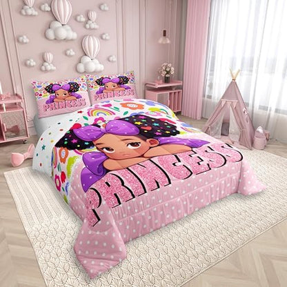 Castle Fairy African American Black Girl Comforter Set Twin Size,Pink Black Princess Girls Bedding Set,Cute Glitter Kids Quilt Set Teens Flower Star Colorful Dots Reversible Print Duvet Insert 2Pcs
