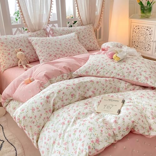 VM VOUGEMARKET Vintage Pink Floral Duvet Cover Queen Cotton Garden Flower Duvet Cover for Teen Girls Reversible Cute Pink White Bedding Set