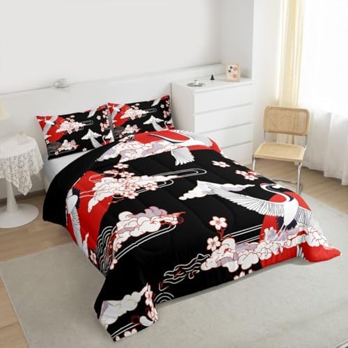 Japanese-Style Comforter Set King Size Pink Cherry Blossoms Bedding for Boys Girls Women Soft Microfiber 3 Pieces Quilted Duvet Ukiyoe Theme Down Comforter Japanese Traditional Pattern Quilt