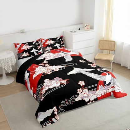 Japanese-Style Comforter Set King Size Pink Cherry Blossoms Bedding for Boys Girls Women Soft Microfiber 3 Pieces Quilted Duvet Ukiyoe Theme Down Comforter Japanese Traditional Pattern Quilt