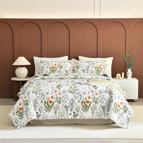 Lady Ann 100% Cotton Floral Quilt Sets Queen - Yellow Flowers & Leaves Pattern Plant Botanical Printed Quilted Bedding, 3 Pcs Lightweight Extra Soft Queen Bedspread Coverlet Set for All Season